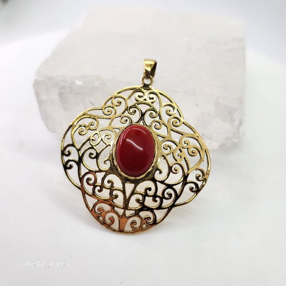 Red Coral Gold Toned Ethnic Handmade Filigree Pendant Jewelry 2.27"
